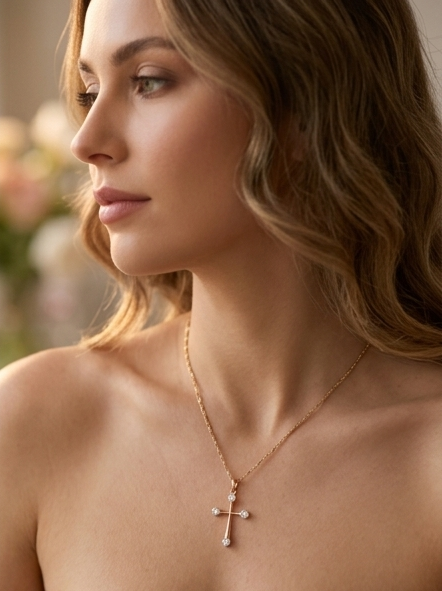 Close-up of a woman wearing a gold necklace with a cross pendant.